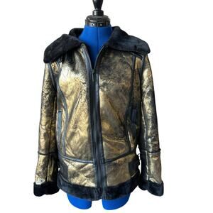 Metallic Foil Faux Shearling Coat In Black/Gold Women's Size XS $239